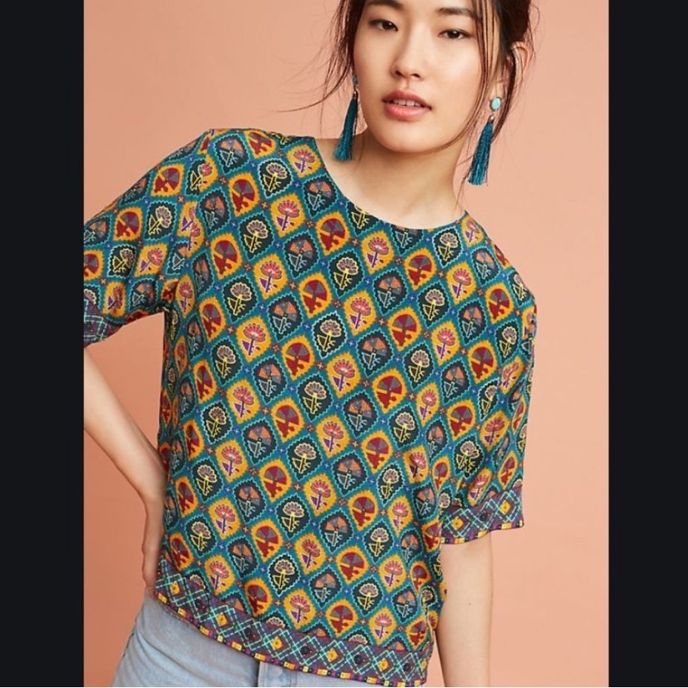 TANVI KEDIA Anthropologie Silk Brenna Beaded Button Back Sleeve Blouse small
